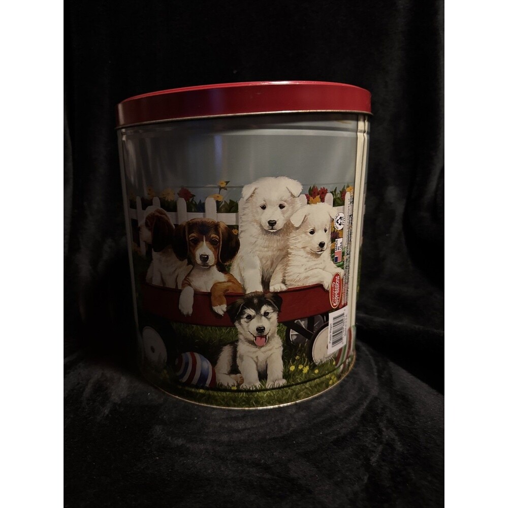 Empty Holiday Puppies Puppy Wagon Popcorn Tin Canister w/ Lid 9”